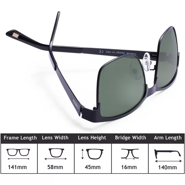 CARFIA Metal Mens Sunglasses Polarized UV400 Protection for Driving Fishing Hiking Golf Everyday Use CA5225A5 Black Frame Green Lens