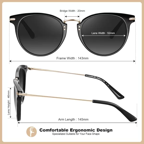 CARFIA Polarized Sunglasses for Women UV Protection Handcrafted Acetate Frame Fashion Retro Sunnies CA50121 Black Frame Grey Gradient Lens