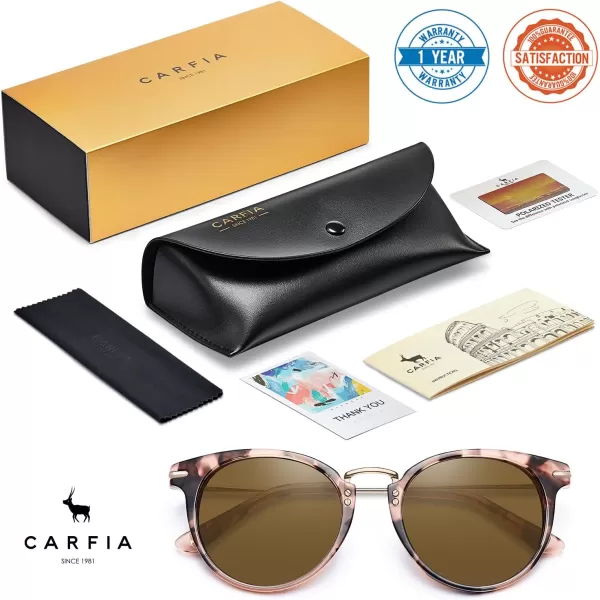CARFIA Polarized Sunglasses for Women UV Protection Handcrafted Acetate Frame Fashion Retro Sunnies CA50122 Pink Tortoise Frame Brown Lens