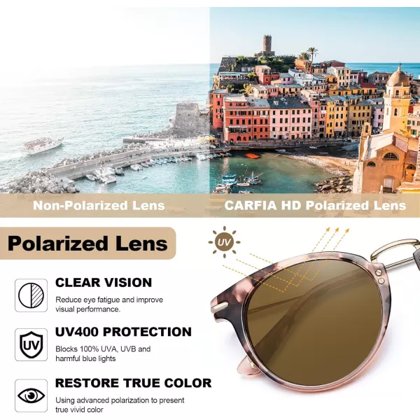 CARFIA Polarized Sunglasses for Women UV Protection Handcrafted Acetate Frame Fashion Retro Sunnies CA50122 Pink Tortoise Frame Brown Lens
