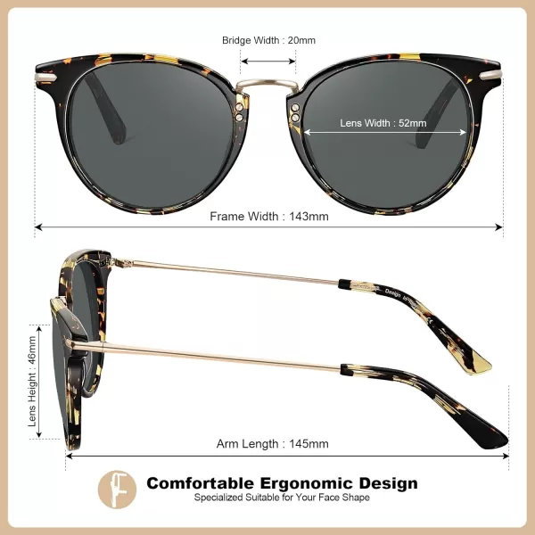 CARFIA Polarized Sunglasses for Women UV Protection Handcrafted Acetate Frame Fashion Retro Sunnies CA50123 Tortoise Frame Grey Lens