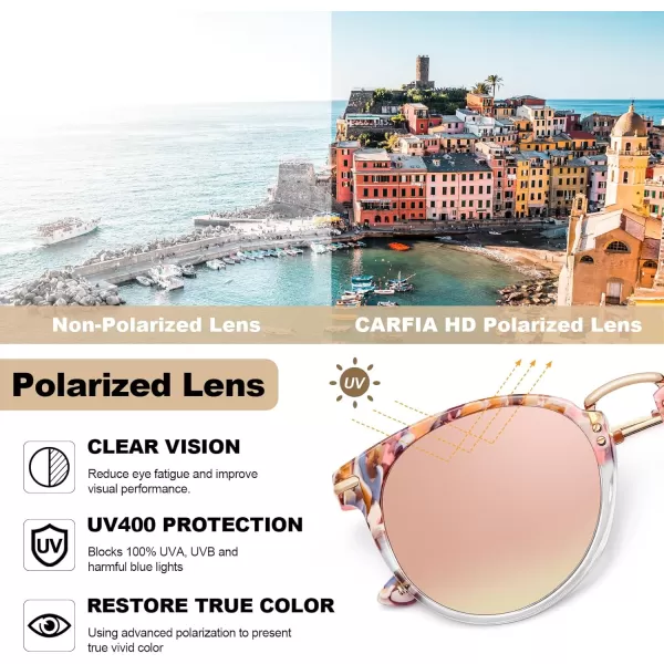 CARFIA Polarized Sunglasses for Women UV Protection Handcrafted Acetate Frame Fashion Retro Sunnies CA50126 Clear Pink Frame Pink Mirror