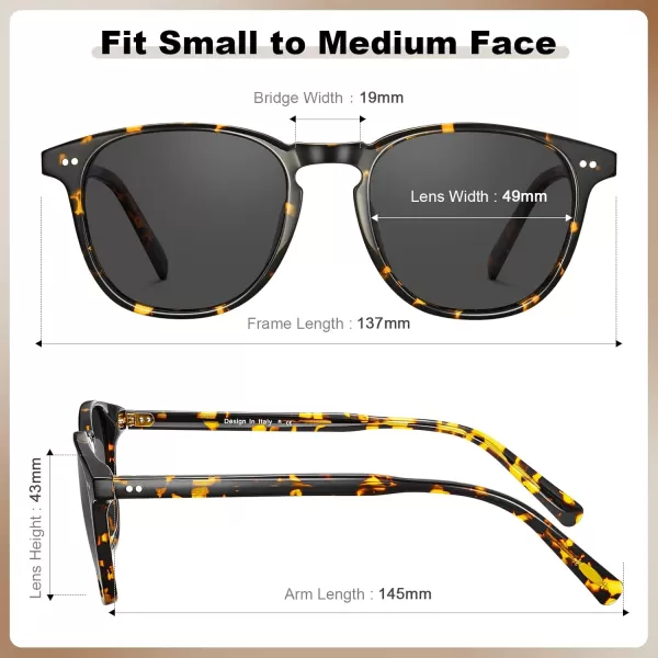 CARFIA Retro Polarized Sunglasses for Women Small and Medium Face UV Protection Handcrafted Acetate Frame Sunnies CA52851 Tortoise Frame Grey Lens