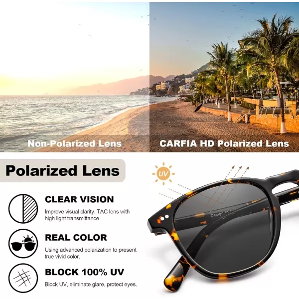 CARFIA Retro Polarized Sunglasses for Women Small and Medium Face UV Protection Handcrafted Acetate Frame Sunnies CA52851 Tortoise Frame Grey Lens