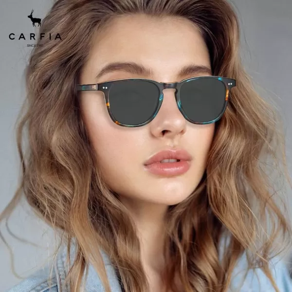 CARFIA Retro Polarized Sunglasses for Women Small and Medium Face UV Protection Handcrafted Acetate Frame Sunnies CA52854 Blue Tortoise Frame Grey Lens
