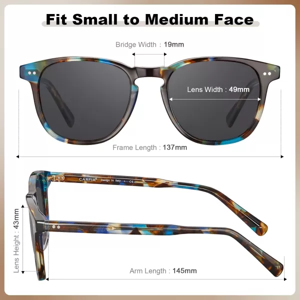 CARFIA Retro Polarized Sunglasses for Women Small and Medium Face UV Protection Handcrafted Acetate Frame Sunnies CA52854 Blue Tortoise Frame Grey Lens