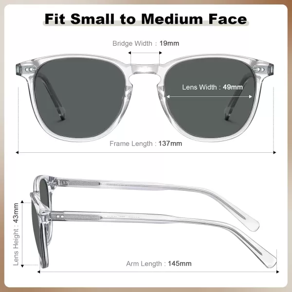CARFIA Retro Polarized Sunglasses for Women Small and Medium Face UV Protection Handcrafted Acetate Frame Sunnies CA52856 Transparent Frame Grey Lens