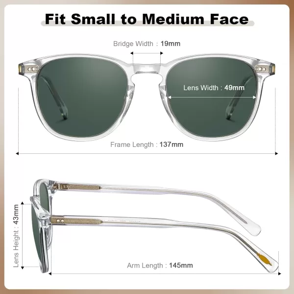 CARFIA Retro Polarized Sunglasses for Women Small and Medium Face UV Protection Handcrafted Acetate Frame Sunnies CA52858 Transparent Frame Green Lens