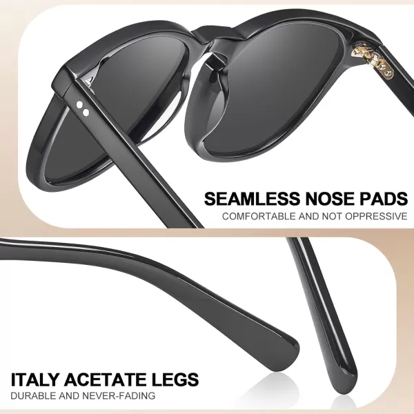 CARFIA Retro Polarized Sunglasses for Women Small and Medium Face UV Protection Handcrafted Acetate Frame Sunnies CA52859 Black Frame Grey Lens