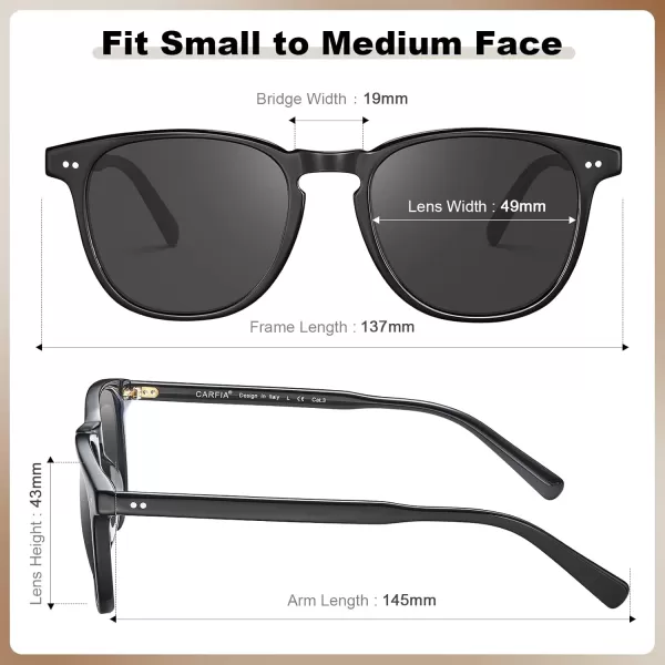 CARFIA Retro Polarized Sunglasses for Women Small and Medium Face UV Protection Handcrafted Acetate Frame Sunnies CA52859 Black Frame Grey Lens