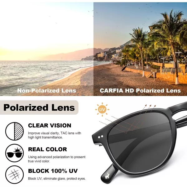 CARFIA Retro Polarized Sunglasses for Women Small and Medium Face UV Protection Handcrafted Acetate Frame Sunnies CA52859 Black Frame Grey Lens