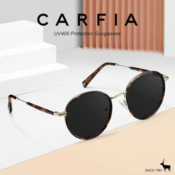 CARFIA Retro Small Round Polarized Womens Sunglasses UV Protection Trendy Vintage Stylish Designer Sunglasses CA1949B Metal  Tortoise Frame  Grey Lens