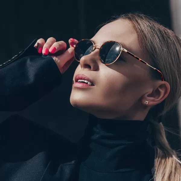 CARFIA Retro Small Round Polarized Womens Sunglasses UV Protection Trendy Vintage Stylish Designer Sunglasses CA1949B Metal  Tortoise Frame  Grey Lens
