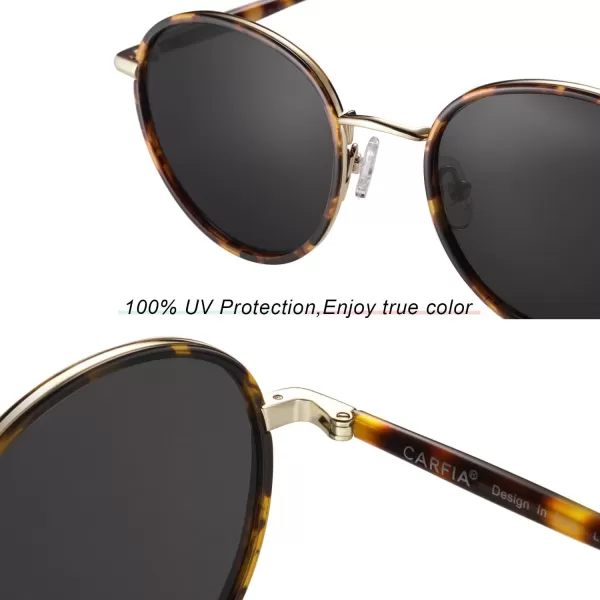CARFIA Retro Small Round Polarized Womens Sunglasses UV Protection Trendy Vintage Stylish Designer Sunglasses CA1949B Metal  Tortoise Frame  Grey Lens