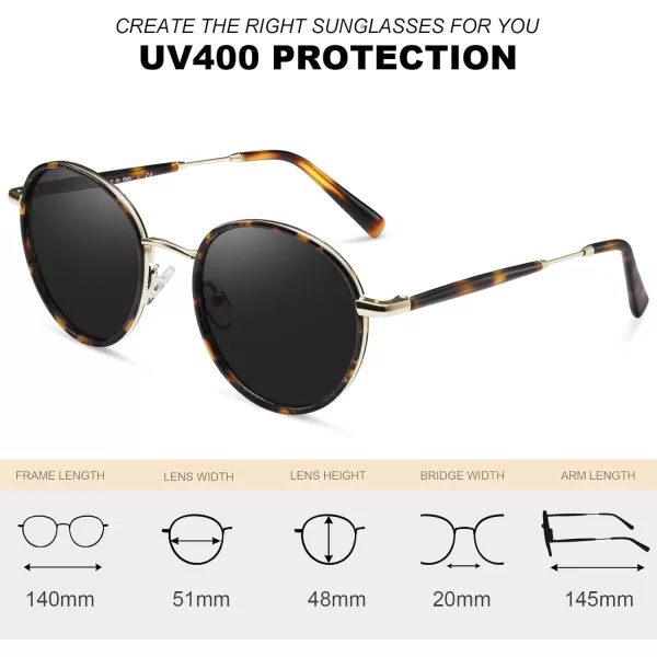 CARFIA Retro Small Round Polarized Womens Sunglasses UV Protection Trendy Vintage Stylish Designer Sunglasses CA1949B Metal  Tortoise Frame  Grey Lens