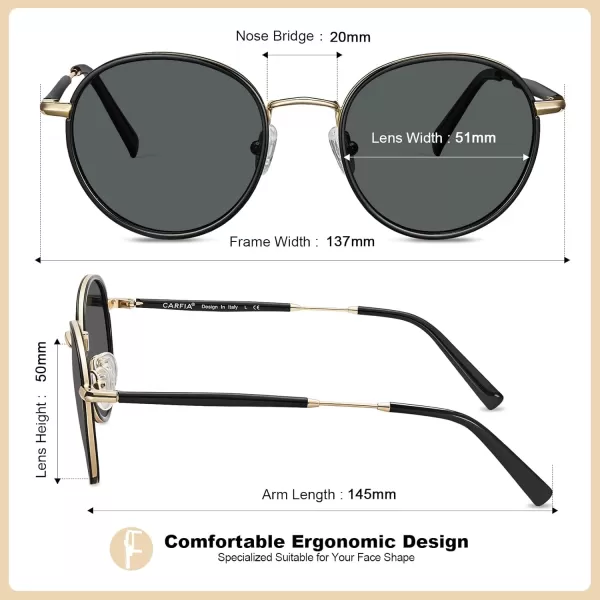 CARFIA Retro Small Round Polarized Womens Sunglasses UV Protection Trendy Vintage Stylish Designer Sunglasses CA1949C Metal  Black Frame  Grey Lens
