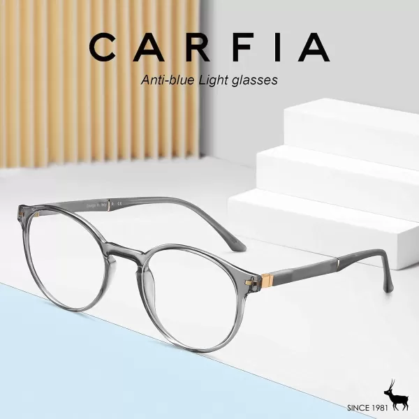 CARFIA Round Blue Light Glasses for Women Lightweight Cute Computer Gaming Glasses Blue Light Blocker Revo Lenses13 Clear Grey Frame Antiblue Lens