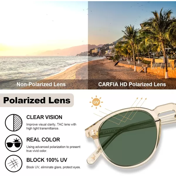 CARFIA Round Polarized Sunglasses for Women Small Face UV Protection Acetate Frame Classic Retro Style CA23022 Transparent Yellow Frame Green Lens