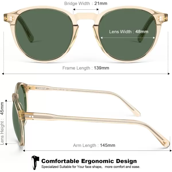 CARFIA Round Polarized Sunglasses for Women Small Face UV Protection Acetate Frame Classic Retro Style CA23022 Transparent Yellow Frame Green Lens