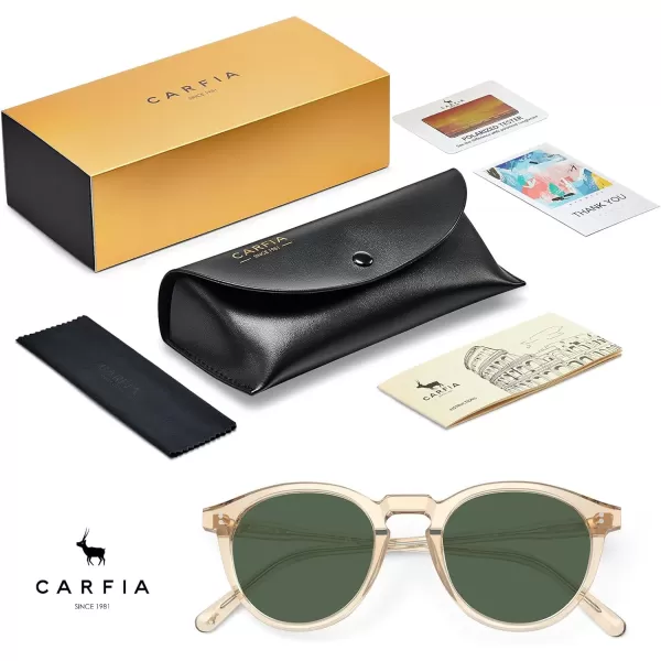 CARFIA Round Polarized Sunglasses for Women Small Face UV Protection Acetate Frame Classic Retro Style CA23022 Transparent Yellow Frame Green Lens