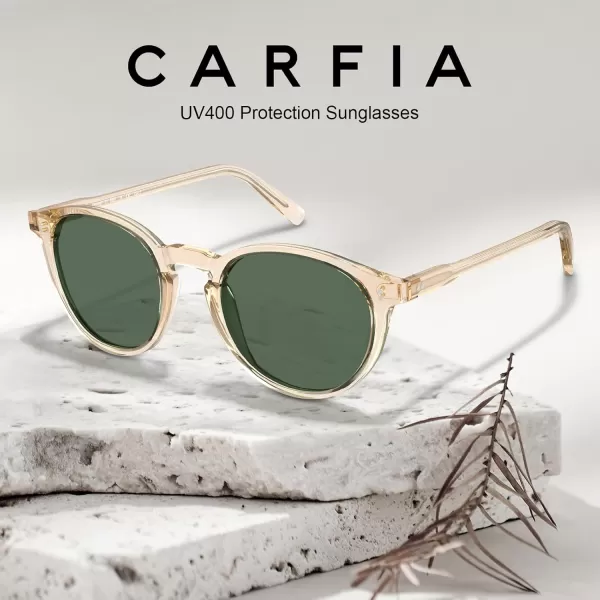 CARFIA Round Polarized Sunglasses for Women Small Face UV Protection Acetate Frame Classic Retro Style CA23022 Transparent Yellow Frame Green Lens