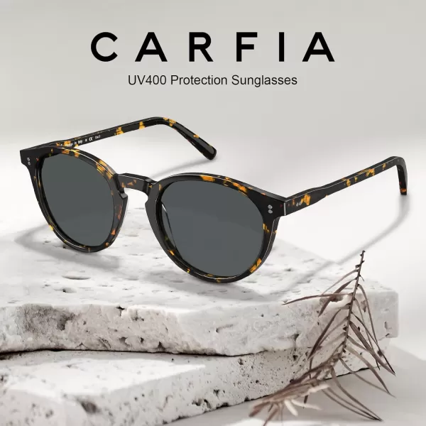 CARFIA Round Polarized Sunglasses for Women Small Face UV Protection Acetate Frame Classic Retro Style CA23023 Brown Tortoiseshell Frame Grey Lens
