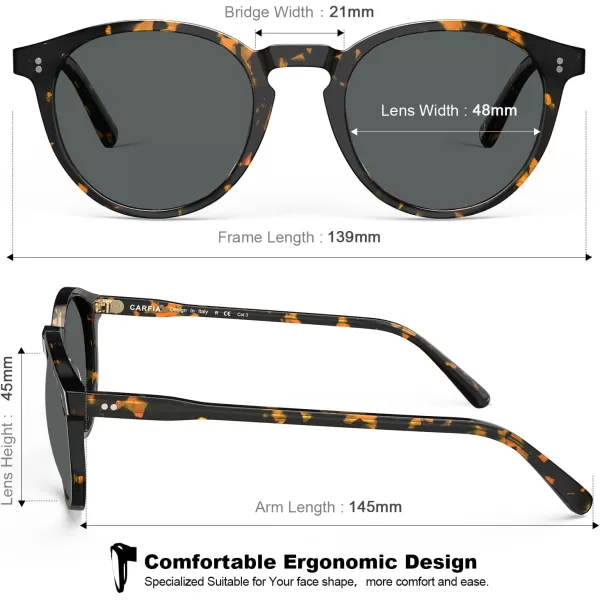 CARFIA Round Polarized Sunglasses for Women Small Face UV Protection Acetate Frame Classic Retro Style CA23023 Brown Tortoiseshell Frame Grey Lens