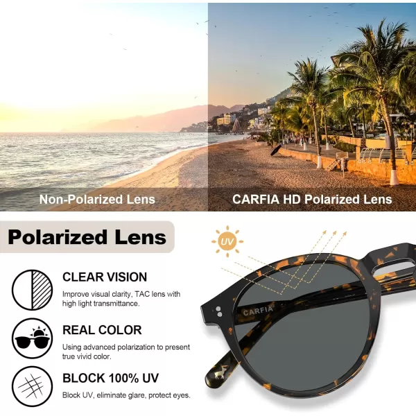 CARFIA Round Polarized Sunglasses for Women Small Face UV Protection Acetate Frame Classic Retro Style CA23023 Brown Tortoiseshell Frame Grey Lens