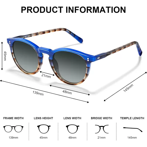CARFIA Round Polarized Sunglasses for Women Small Face UV Protection Acetate Frame Classic Retro Style CA23024 Blue Frame Gradient Grey Lens