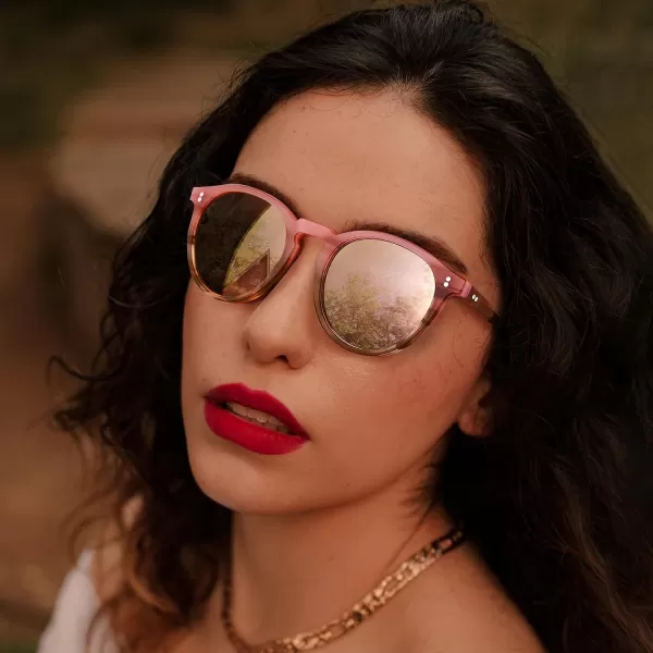 CARFIA Round Polarized Sunglasses for Women Small Face UV Protection Acetate Frame Classic Retro Style CA23025 Pink Mirror