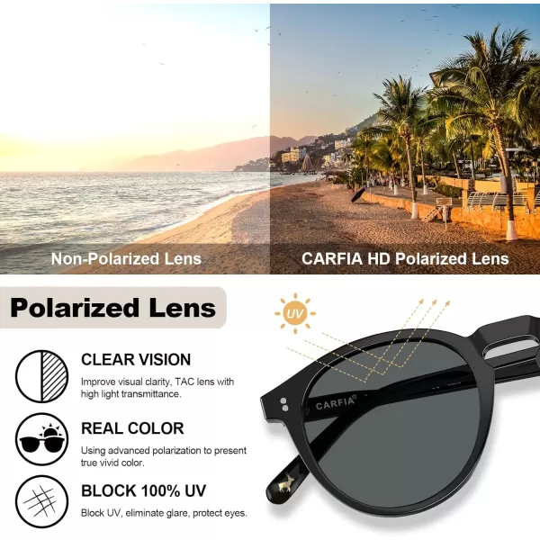 CARFIA Round Polarized Sunglasses for Women Small Face UV Protection Acetate Frame Classic Retro Style CA23026 Black Frame Grey Lens