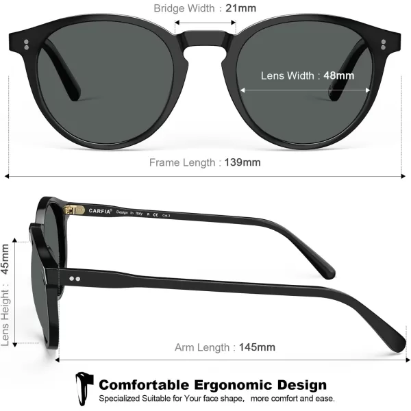 CARFIA Round Polarized Sunglasses for Women Small Face UV Protection Acetate Frame Classic Retro Style CA23026 Black Frame Grey Lens