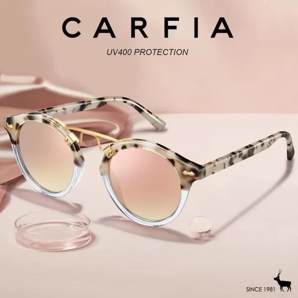 CARFIA Small Pink Mirrored Polarized Sunglasses for Women UV Protection Acetate Eyewear Double Bridge Metal Brow Sunnies
