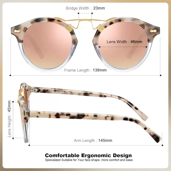 CARFIA Small Pink Mirrored Polarized Sunglasses for Women UV Protection Acetate Eyewear Double Bridge Metal Brow Sunnies