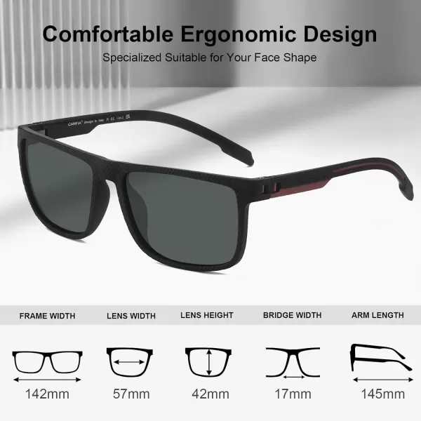 CARFIA Sporting Polarized Mens Sunglasses UV Protection Lightweight TR90 Frame Sunnies for Fishing Hiking Driving CyclingBlack Frame Grey Lens Red Arm