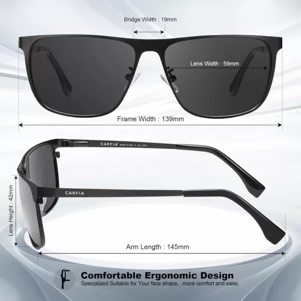 CARFIA Spring Hinge Metal Polarized Sunglasses for Men UV400 Protection Lightweight Rectangular Sun Glasses1  Matte Black Frame Grey Lens