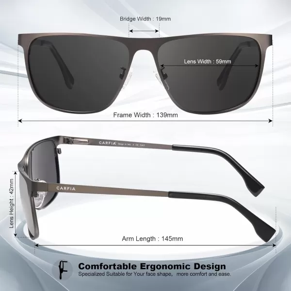 CARFIA Spring Hinge Metal Polarized Sunglasses for Men UV400 Protection Lightweight Rectangular Sun Glasses2  Matte Gun Frame Grey Lens