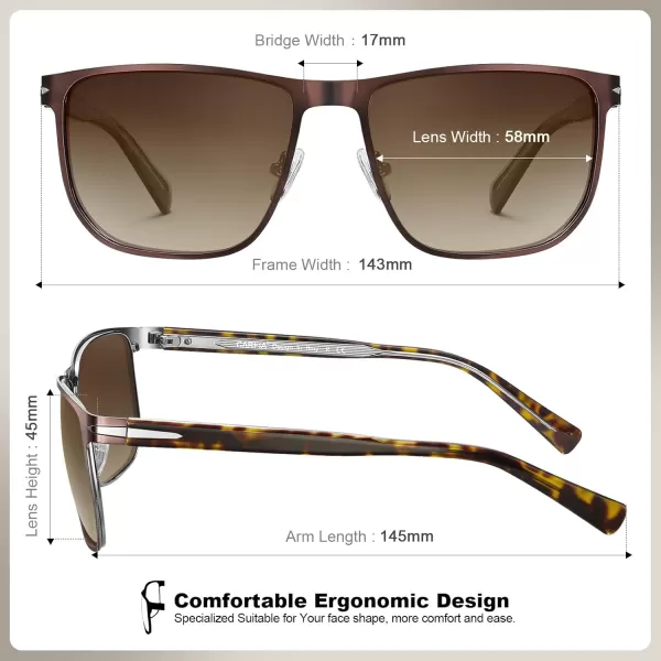 CARFIA Square Polarized Sunglasses for Men UV400 Protection Wide Metal Frame Driving Golf Glasses21bronze Frame Brown Lenses
