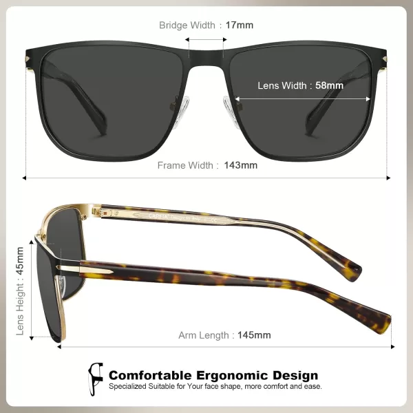 CARFIA Square Polarized Sunglasses for Men UV400 Protection Wide Metal Frame Driving Golf Glasses3black Tortoise Frame  Grey Lens
