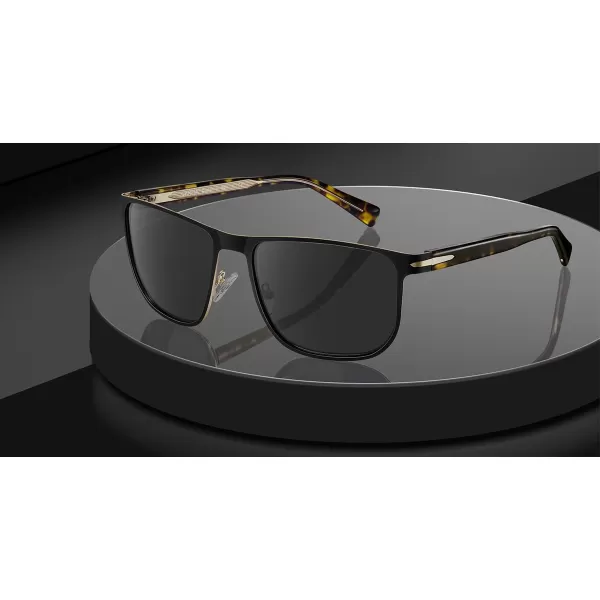 CARFIA Square Polarized Sunglasses for Men UV400 Protection Wide Metal Frame Driving Golf Glasses3black Tortoise Frame  Grey Lens