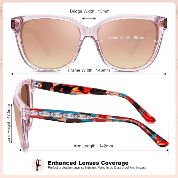 CARFIA Square Polarized Sunglasses for Women UV Protection Italian Design Retro Embossed Pattern Wire Core Driving Shades1 Pink Stripe Frame Pink Lens