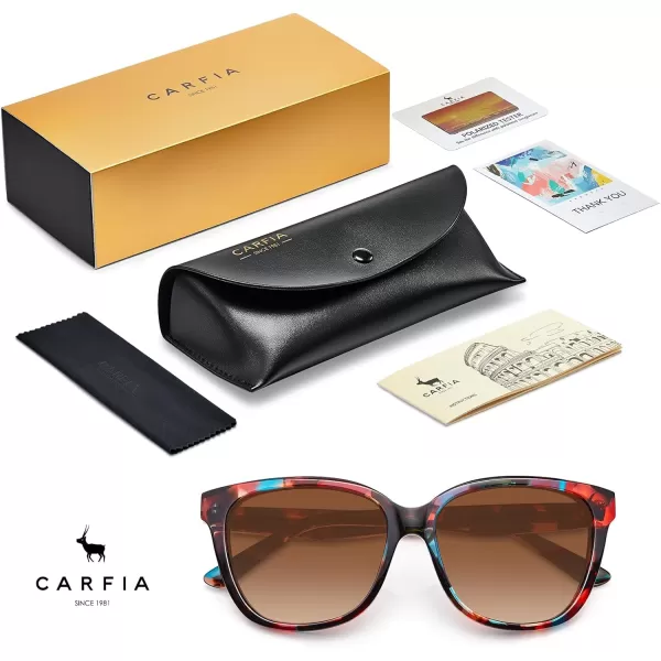 CARFIA Square Polarized Sunglasses for Women UV Protection Italian Design Retro Embossed Pattern Wire Core Driving Shades3 Red Stripe Frame Brown Lens