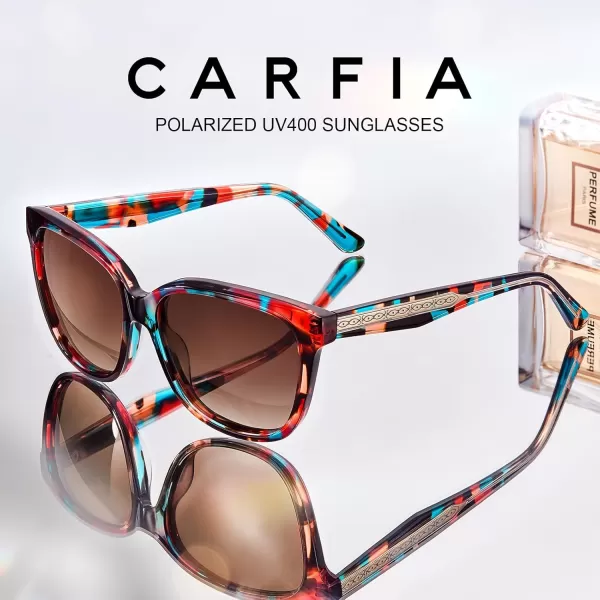 CARFIA Square Polarized Sunglasses for Women UV Protection Italian Design Retro Embossed Pattern Wire Core Driving Shades3 Red Stripe Frame Brown Lens
