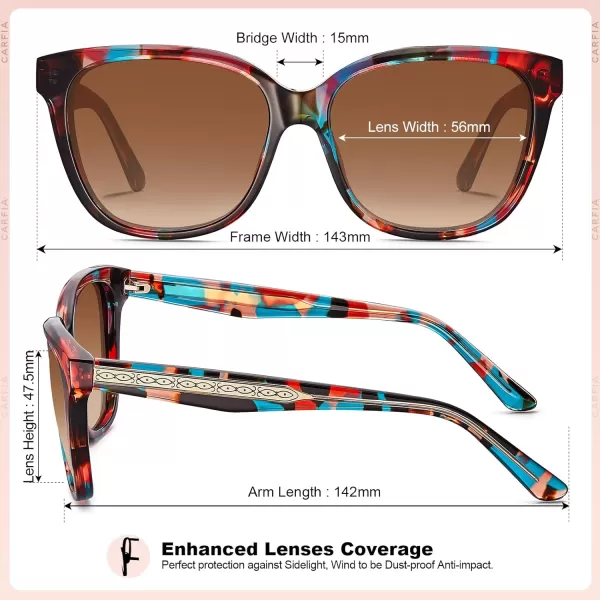 CARFIA Square Polarized Sunglasses for Women UV Protection Italian Design Retro Embossed Pattern Wire Core Driving Shades3 Red Stripe Frame Brown Lens