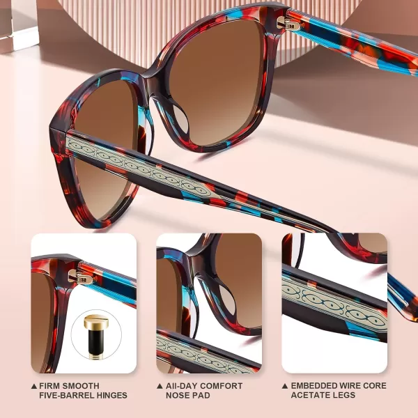 CARFIA Square Polarized Sunglasses for Women UV Protection Italian Design Retro Embossed Pattern Wire Core Driving Shades3 Red Stripe Frame Brown Lens