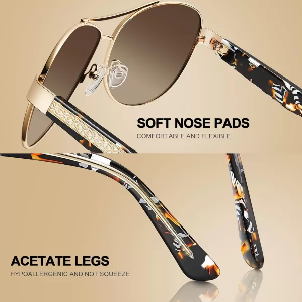 CARFIA Trendy Pilot Sunglasses for Women Polarized UV Protection Handcrafted Acetate Temples for Walking Driving CA23051brown Floral Temple  Gradient Brown Lens