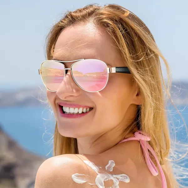 CARFIA Trendy Pilot Sunglasses for Women Polarized UV Protection Handcrafted Acetate Temples for Walking Driving CA23052red Floral Temple  Pink Mirrored Lens