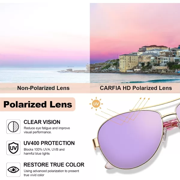CARFIA Trendy Pilot Sunglasses for Women Polarized UV Protection Handcrafted Acetate Temples for Walking Driving CA23053purple Floral Temple  Purple Mirrored Lens