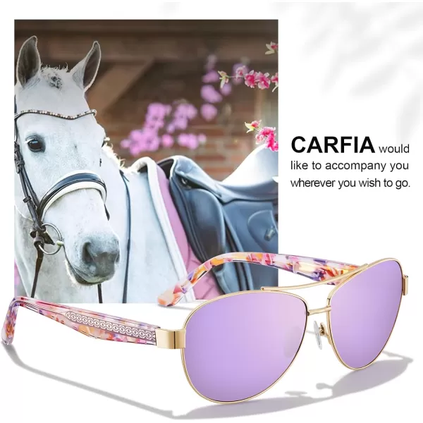 CARFIA Trendy Pilot Sunglasses for Women Polarized UV Protection Handcrafted Acetate Temples for Walking Driving CA23053purple Floral Temple  Purple Mirrored Lens