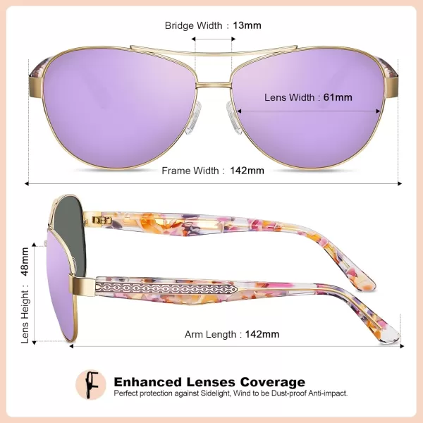 CARFIA Trendy Pilot Sunglasses for Women Polarized UV Protection Handcrafted Acetate Temples for Walking Driving CA23053purple Floral Temple  Purple Mirrored Lens